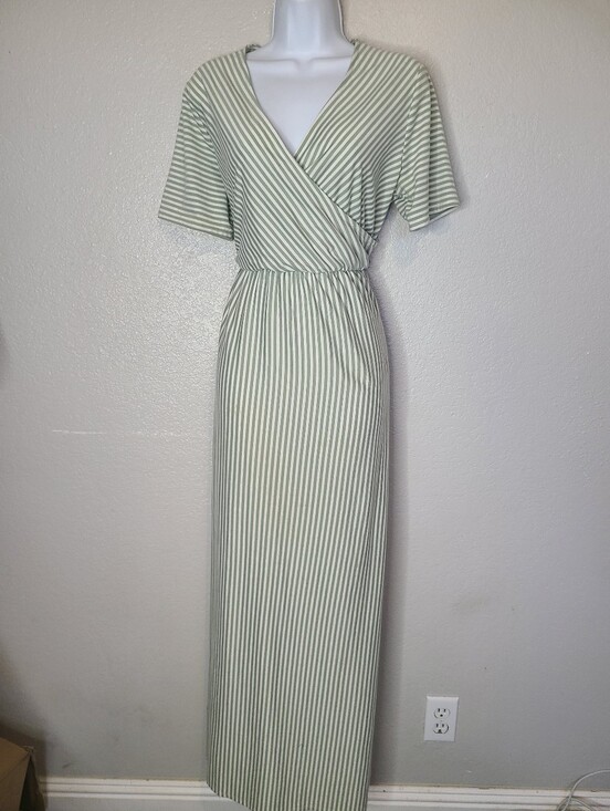Ces Femme Dresses & Skirts - Ces Femme Striped Sage Green & Cream Mock Wrap Maxi Dress V Neck Short Sleeve